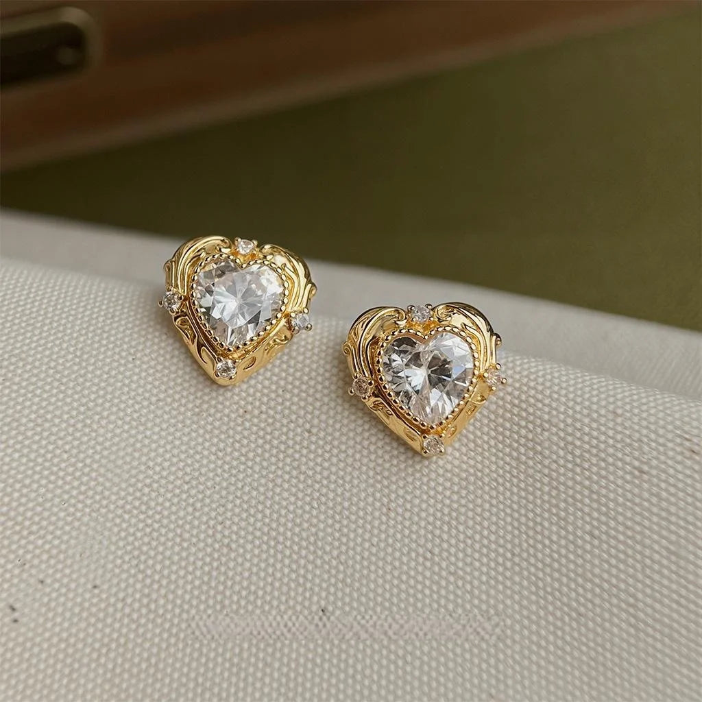 14K Plated Copper Heart Zircon Lace Edge Stud Earrings Elegant Office Jewelry