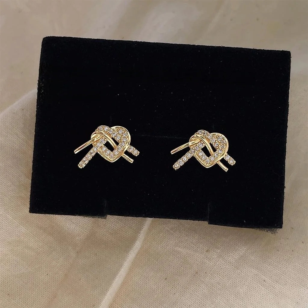 French Vintage Copper Heart Knot Stud Earrings With Micro Pave Zircon Sweet Mini Jewelry