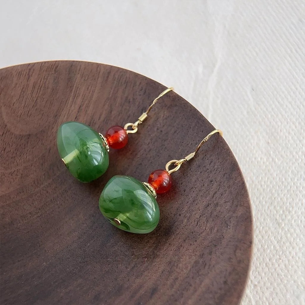 Forest Style Irregular Geometric Red Agate Resin Drop Earrings Handmade Design