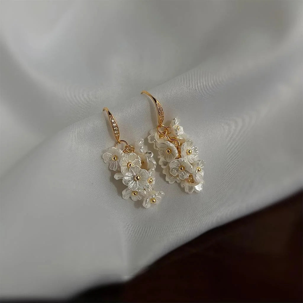 14K Gold Plated Copper Floral Tassel Drop Earrings With Micro Pave Zircon Sweet Handmade Jewelry
