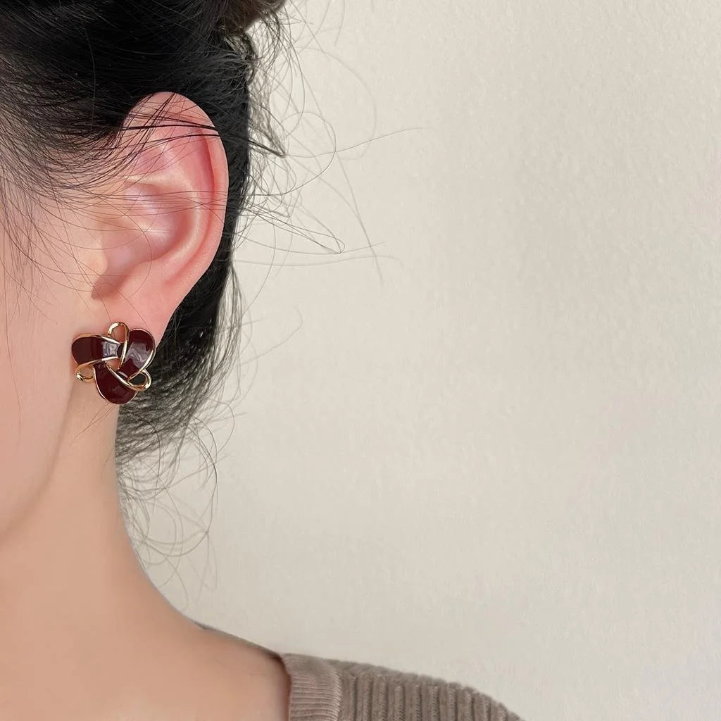 Vintage Wine Red Geometric Triangle Hollow Enamel 14K Plated Copper Stud Earrings