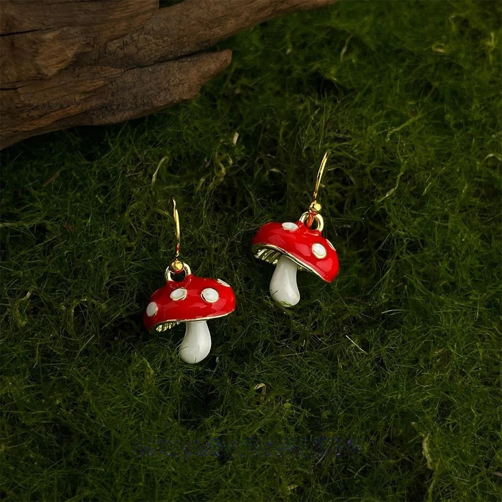 Cute Red Mushroom Copper Drop Earrings Forest Fairy Whimsical Designer Jewelry For Women