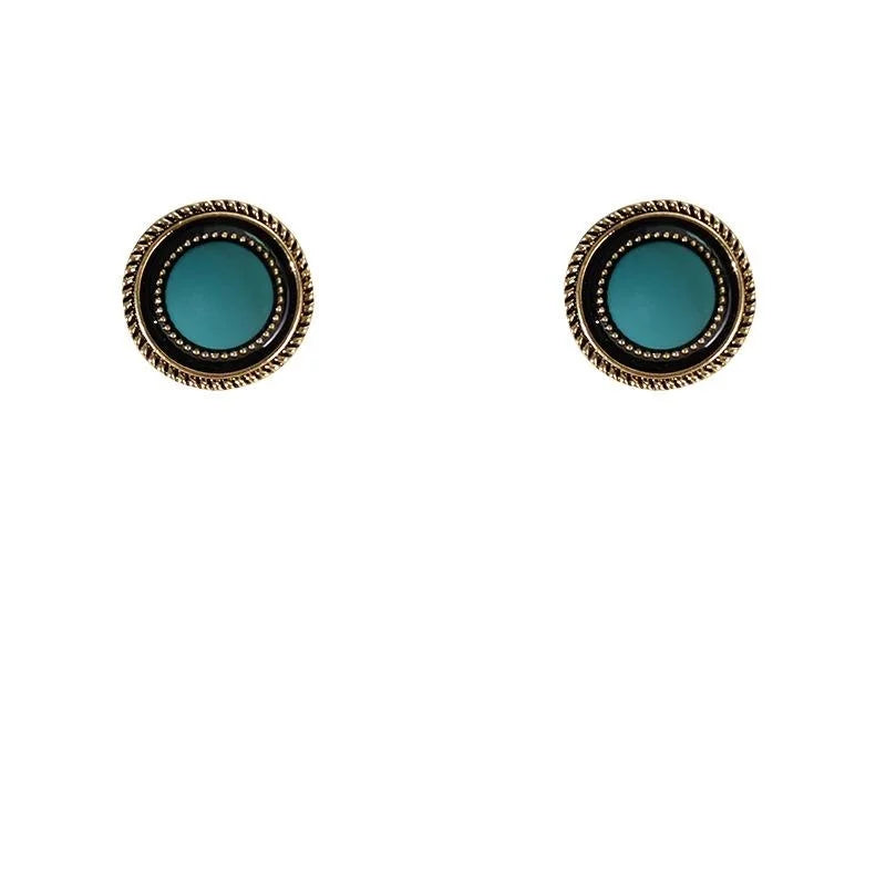 Vintage Distressed Tibetan Ethnic Blue Round Copper Stud Earrings With Silver Plated Pins