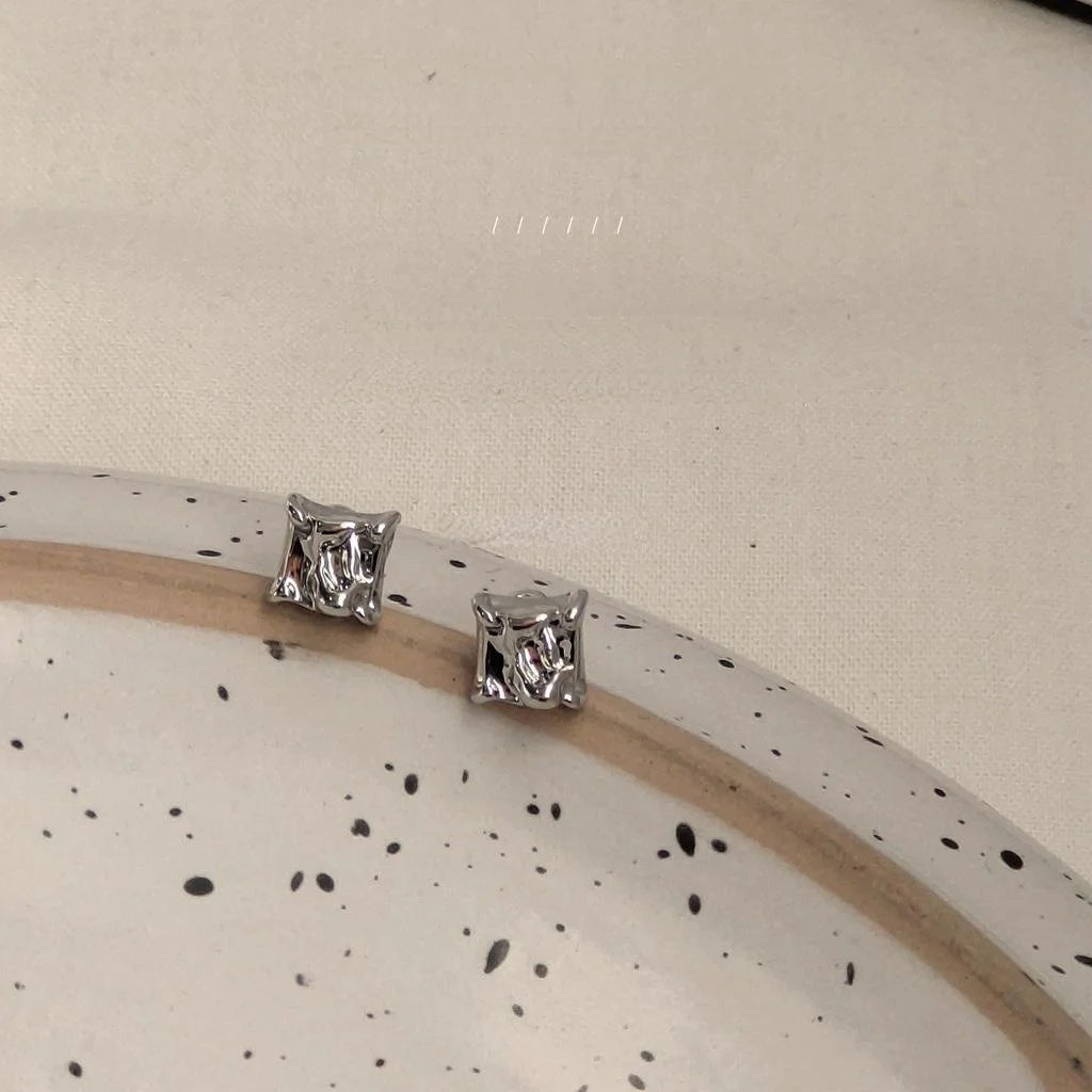 Gold Tone Liquid Irregular Square Copper Stud Earrings For Women, Geometric Korean Fashion