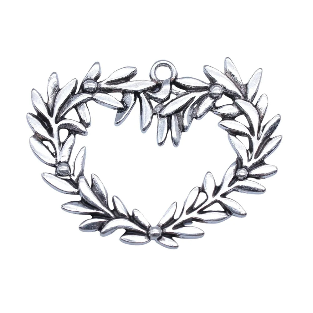 33x43mm 6.3g Antique Silver Zinc Alloy Heart Olive Branch Charm Pendant for DIY Jewelry Making