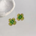 Sweet Forest Green Glass Crystal Flower Petal Stud Earrings, 14K Gold Plated Summer Jewelry