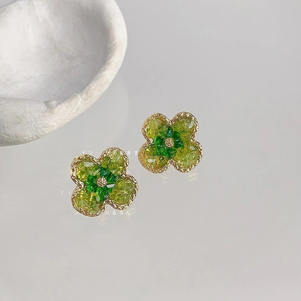 Sweet Forest Green Glass Crystal Flower Petal Stud Earrings, 14K Gold Plated Summer Jewelry