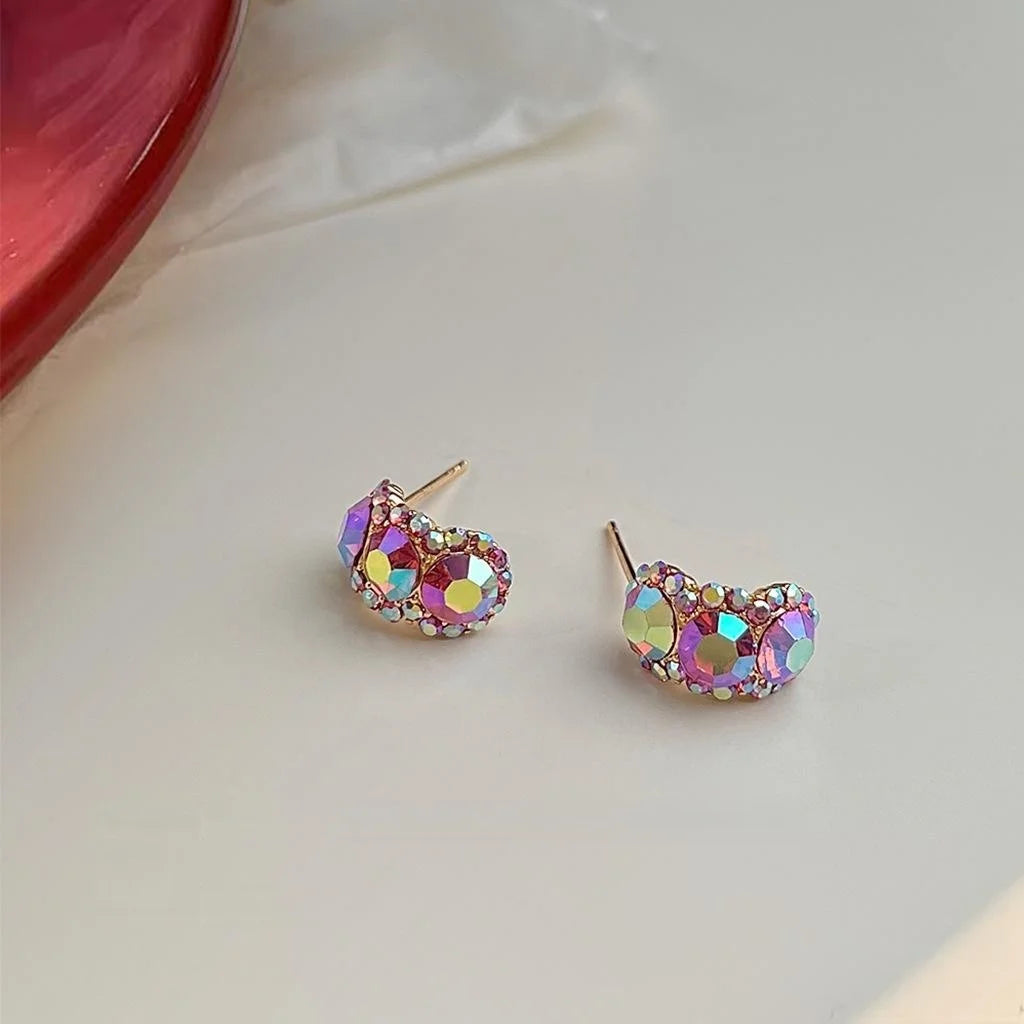 14K Gold Plated Copper Geometric Ring Line Glass Rhinestone Rose Red Stud Earrings