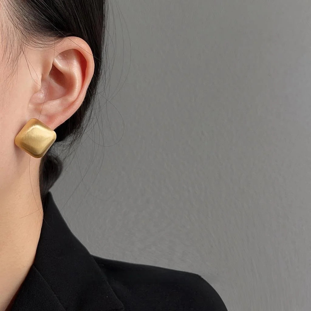 Brushed Matte Copper Square Geometric Stud Earrings With Silver Plated Pins
