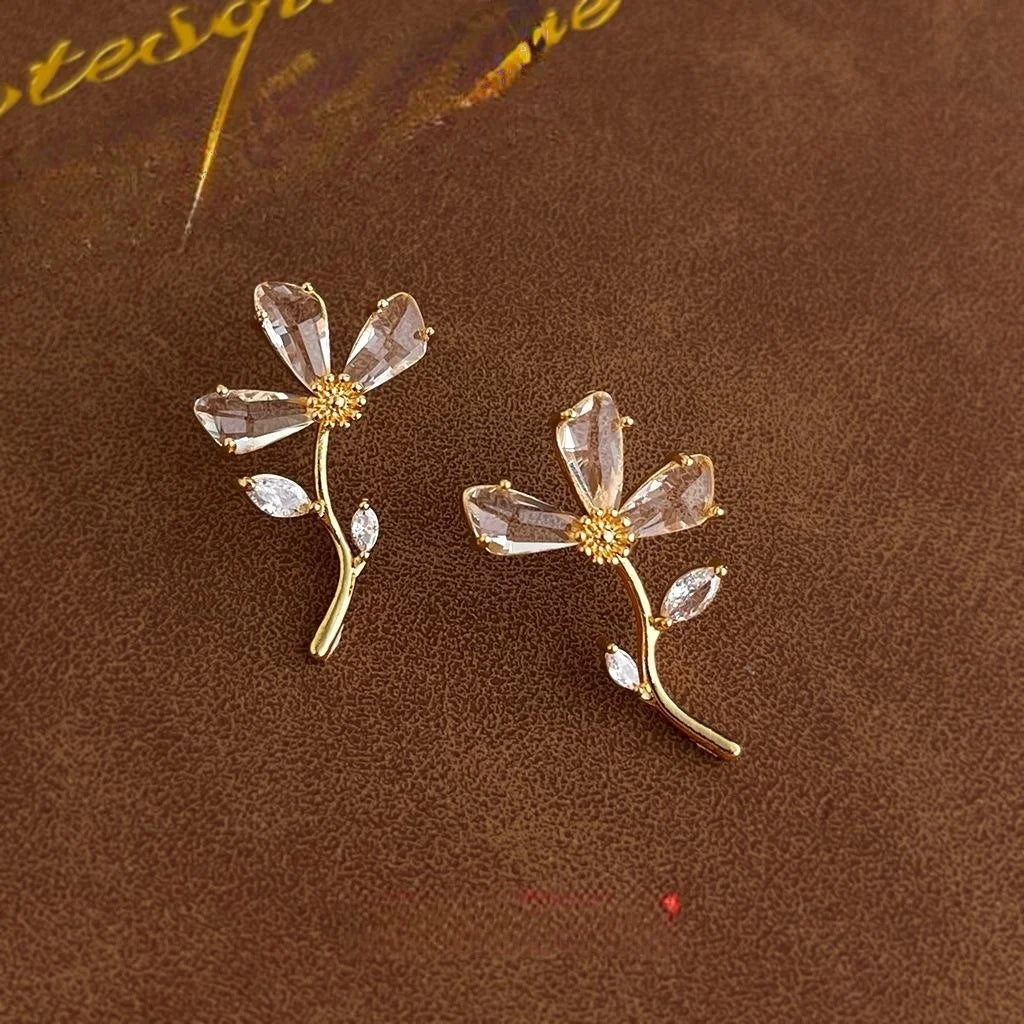 Sweet Floral Zircon Drop Earrings For Women Elegant Fashion Flower Jewelry