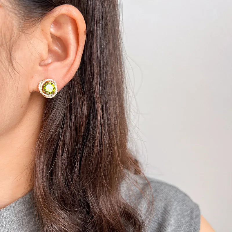 Elegant Olive Green Zircon Spiral Geometric Stud & Clip On No Piercing Gold Alloy Rhinestone Earrings