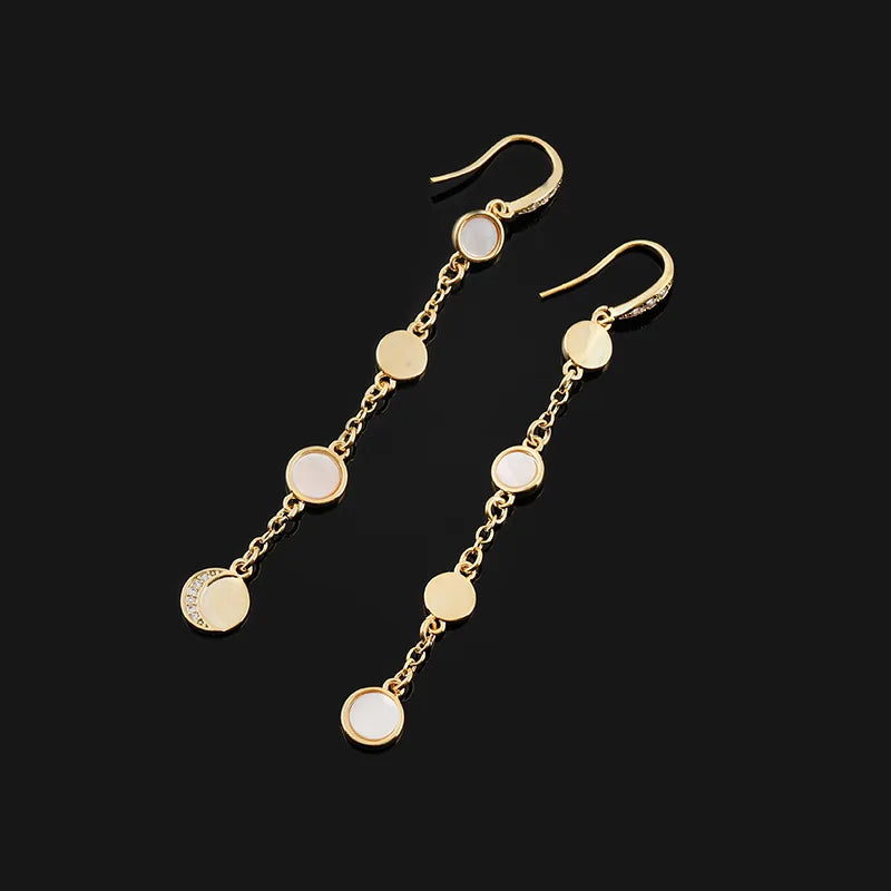 Elegant Shell Moon Disc Long Chain Tassel Gold Tone Alloy Rhinestone Stud & Clip On No Piercing Earrings