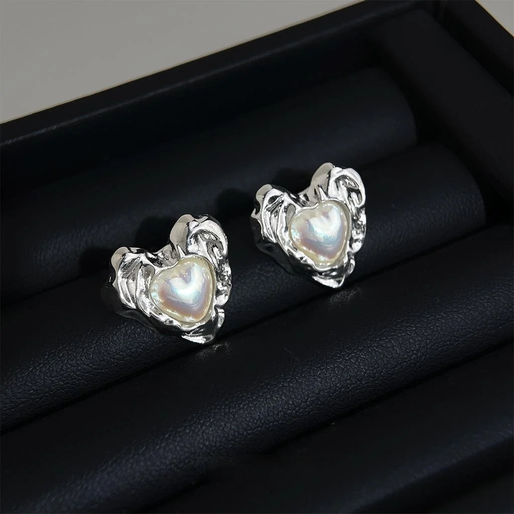 Minimalist Heart Synthetic Mabe Pearl Stud Earrings Copper Liquid Love Cool Style