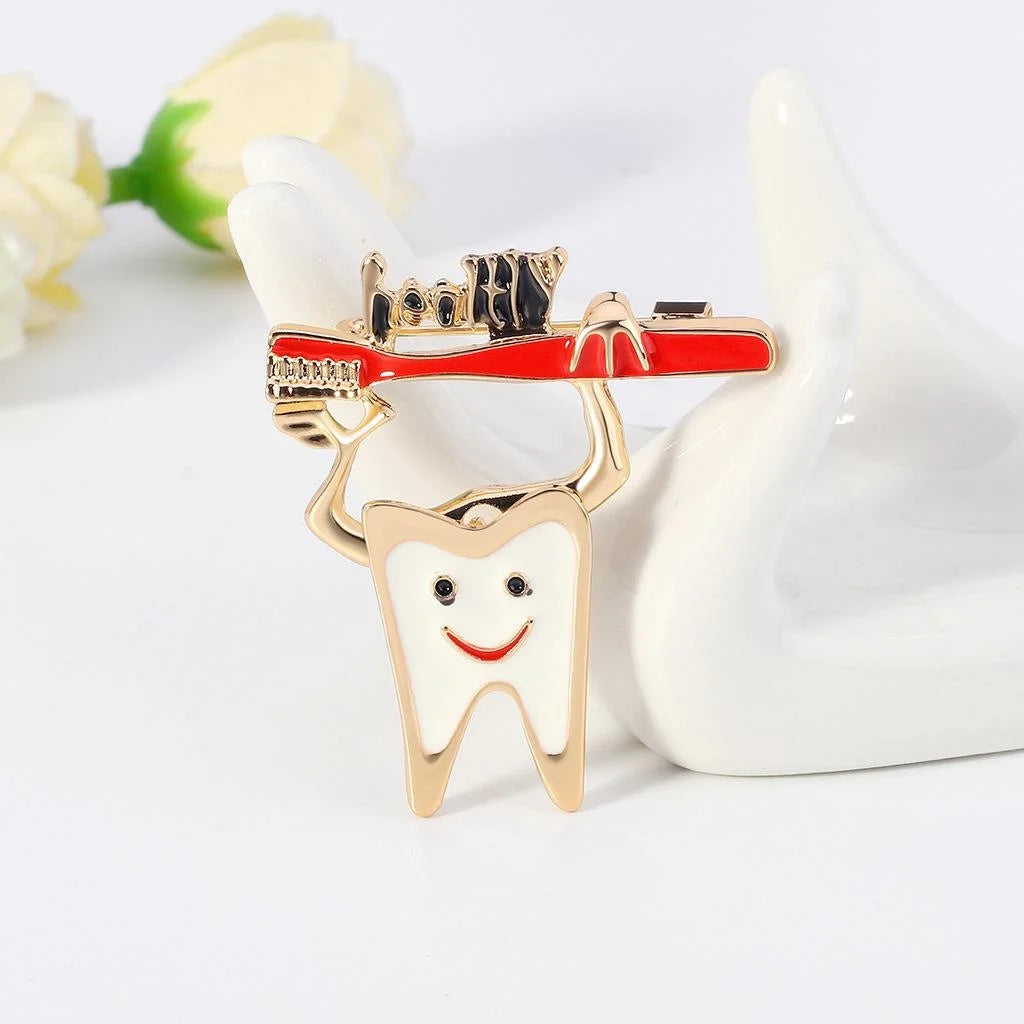 Cute Enamel Tooth And Toothbrush Brooch, Creative Alloy Dentist Lapel Pin Corsage Gift For Women