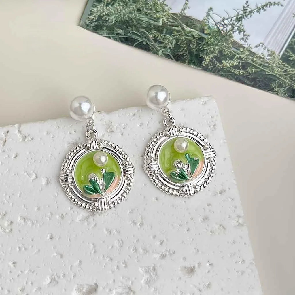 High-End Monet Garden Oil Painting Enamel Flower Leaf Copper Pearl Drop Earrings
