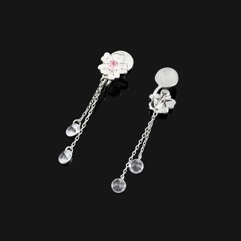 Elegant Pink Zircon Sakura Flower Long Tassel Alloy Stud & Clip On No Piercing Dangle Earrings