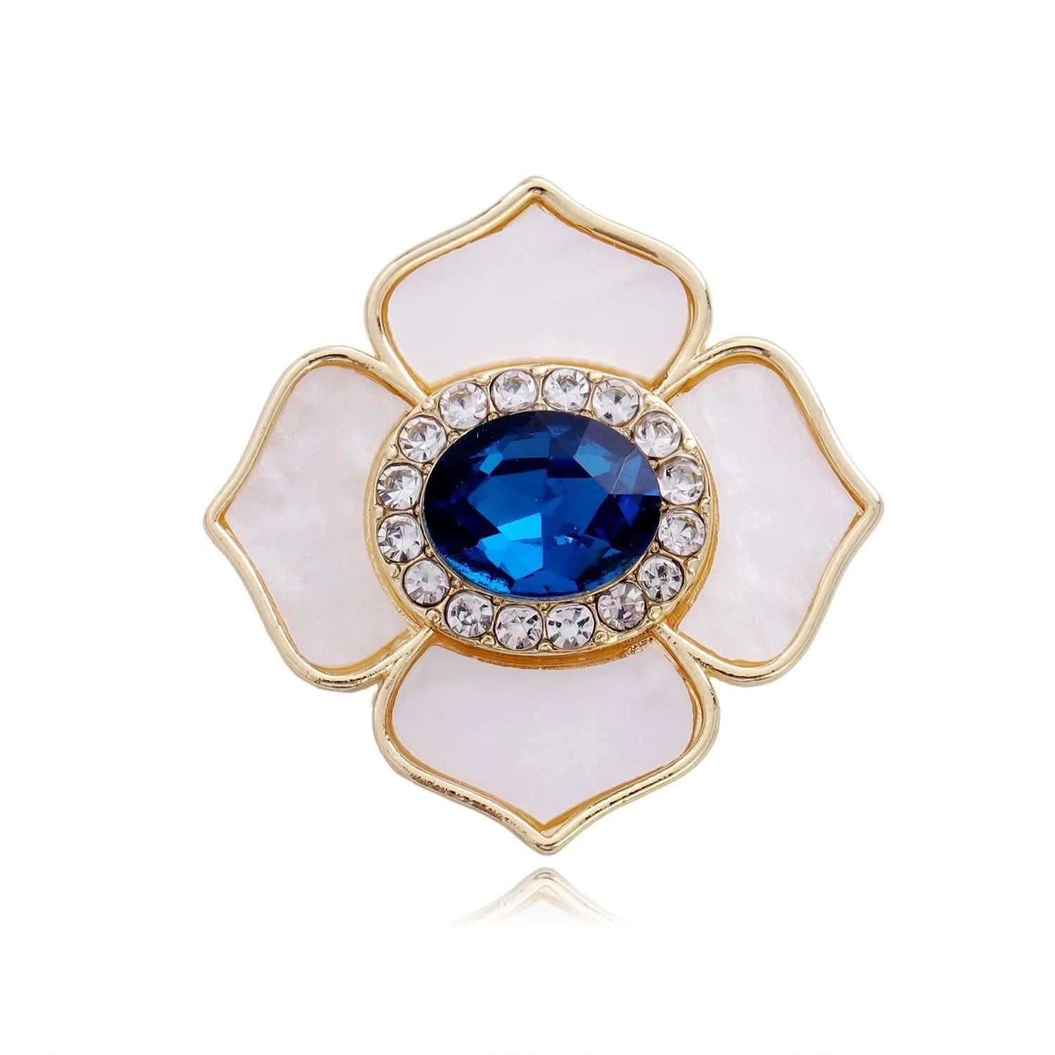 Elegant Camellia Flower Brooch With Mother Of Pearl Petals And Blue Rhinestone Center, Magnetic Lapel Pin Gift