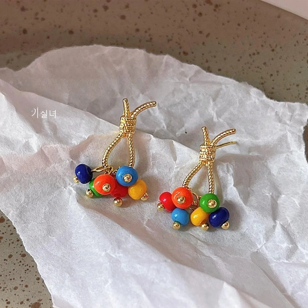 Ethnic Style Copper Stud Earrings With Colorful Glass Beads Rope Knot Geometric Vacation Design