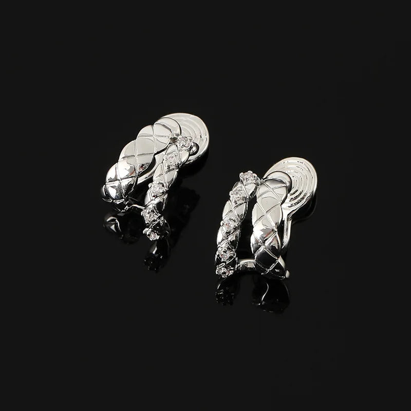 Elegant Silver Alloy Double Hoop Rhinestone Lattice Twist Stud & Clip On No Piercing Earrings