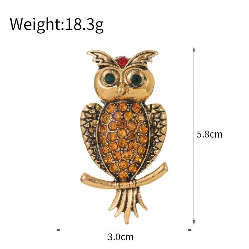 Vintage Gold Alloy Owl Brooch With Amber Rhinestones, Elegant Animal Lapel Pin Suit Accessory Gift
