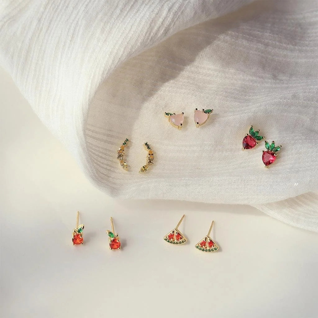 14K Gold Plated Copper Fruit Stud Earrings With Colorful Zircon, Korean Sweet Mini Jewelry