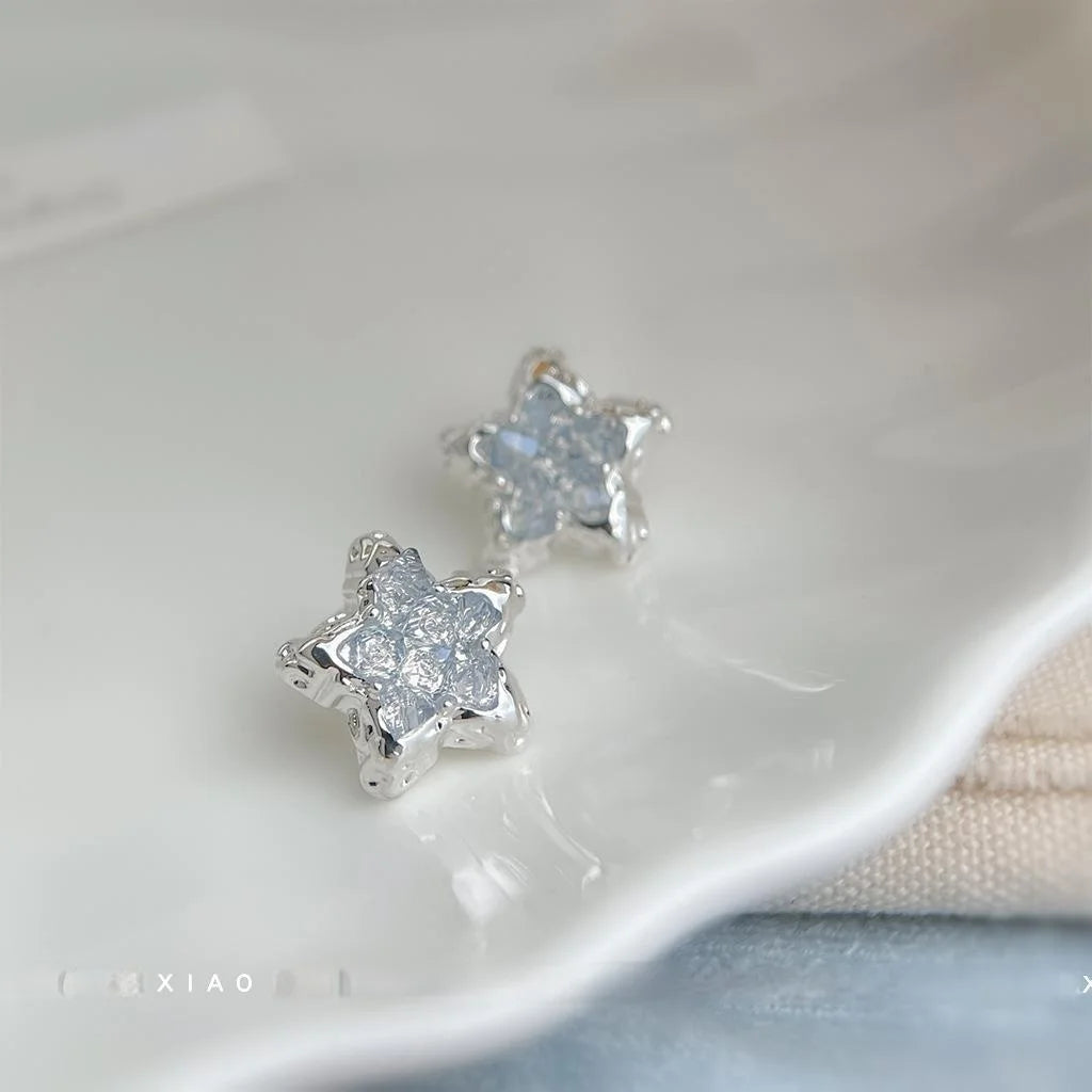 Blue Ice Glass Crystal Five Point Star Stud Earrings Silver Plated Fresh Sweet Summer Jewelry