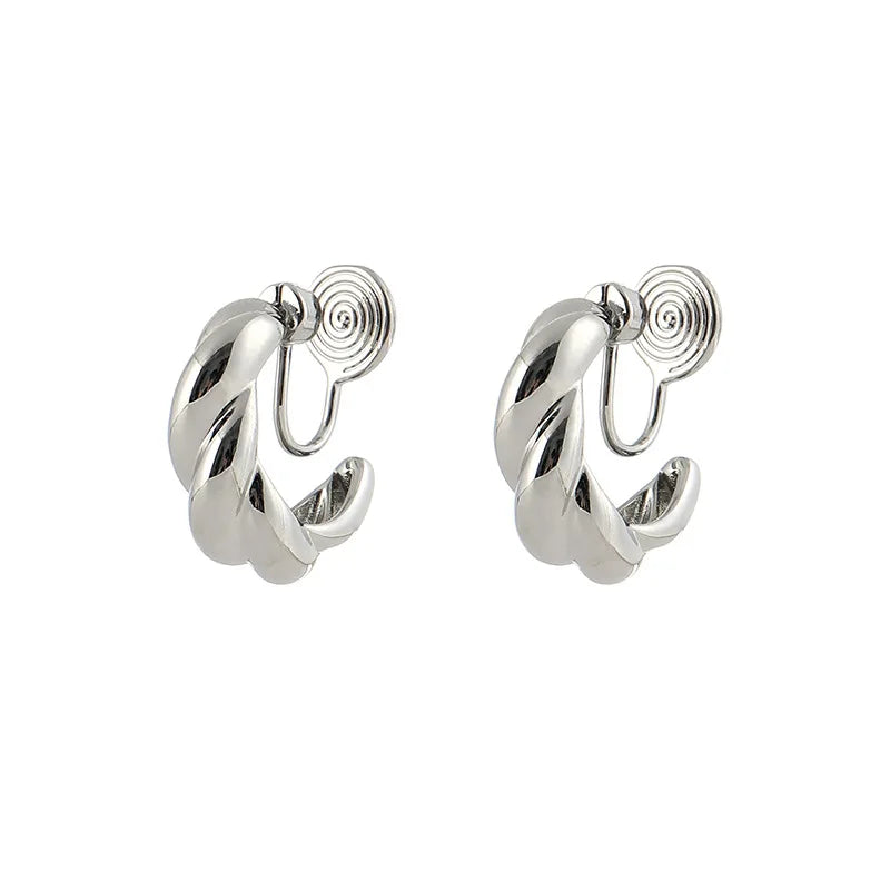 Elegant Alloy Twisted C Shape Hoop Stud & Clip On No Piercing Spiral Disc Commuter Earrings