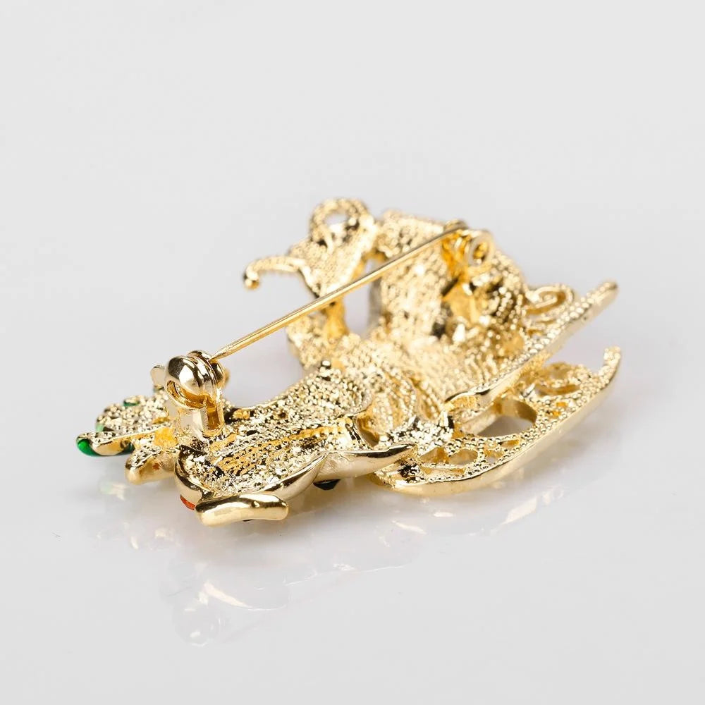 Cute Christmas Reindeer Sleigh Alloy Enamel Rhinestone Brooch, Festive Lapel Pin Corsage Gift