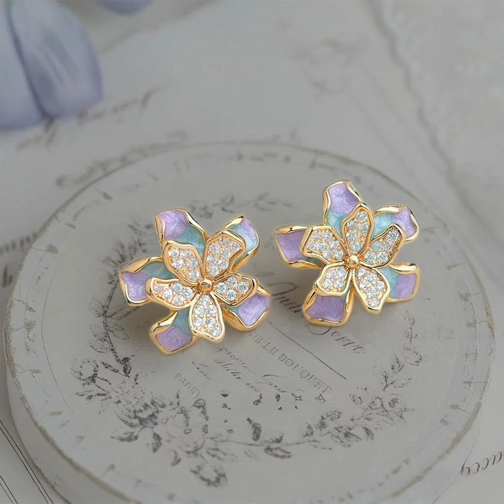 Sweet Floral Zircon Enamel Copper Stud Earrings, Designer Summer Flower Petal Jewelry