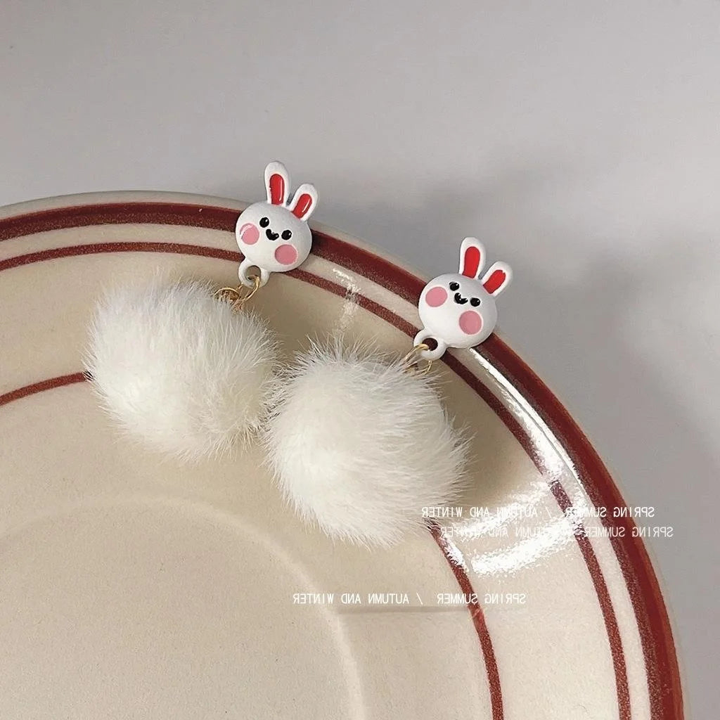 Cute Plush Bunny Stud Earrings Silver Plated Pin Fluffy Pom Pom Winter Animal Jewelry