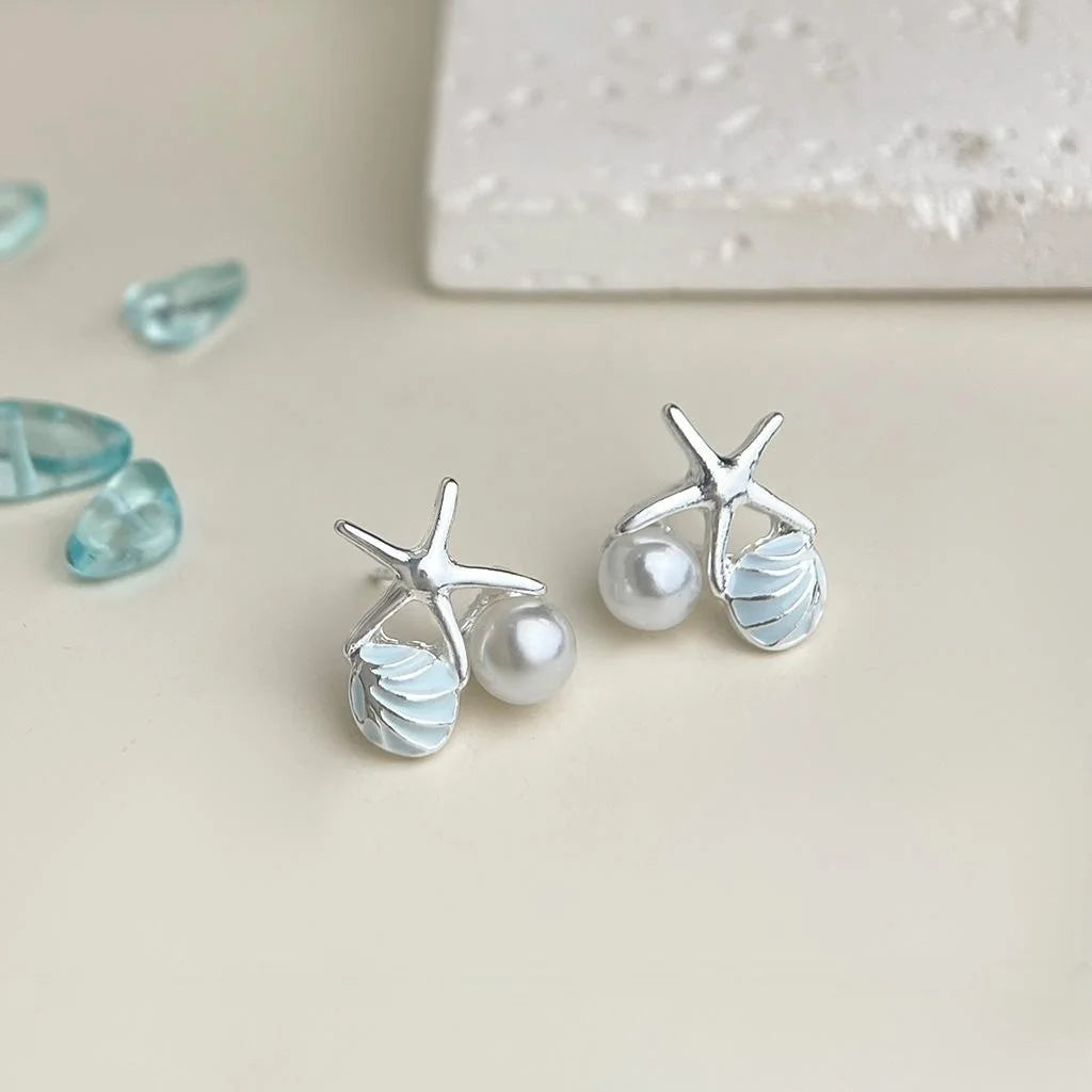 Fresh Sweet Ocean Style Copper Stud Earrings With Pearl Shell Starfish Silver Plated Posts