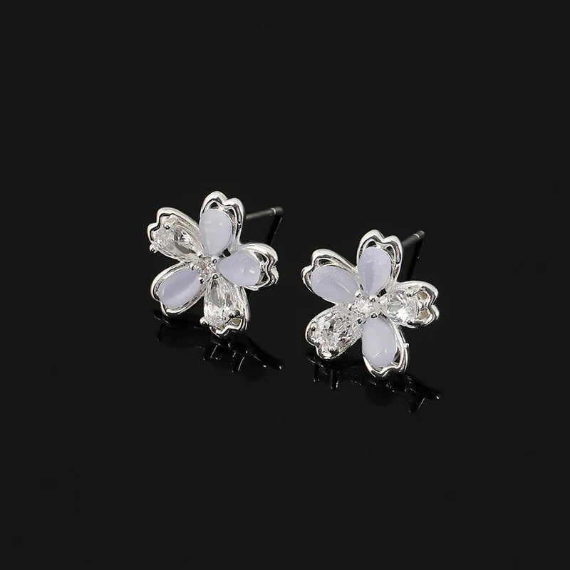 Elegant Zircon Crystal Flower Stud & Clip On No Piercing Sweet Fresh Silver Tone Women's Fashion Earrings