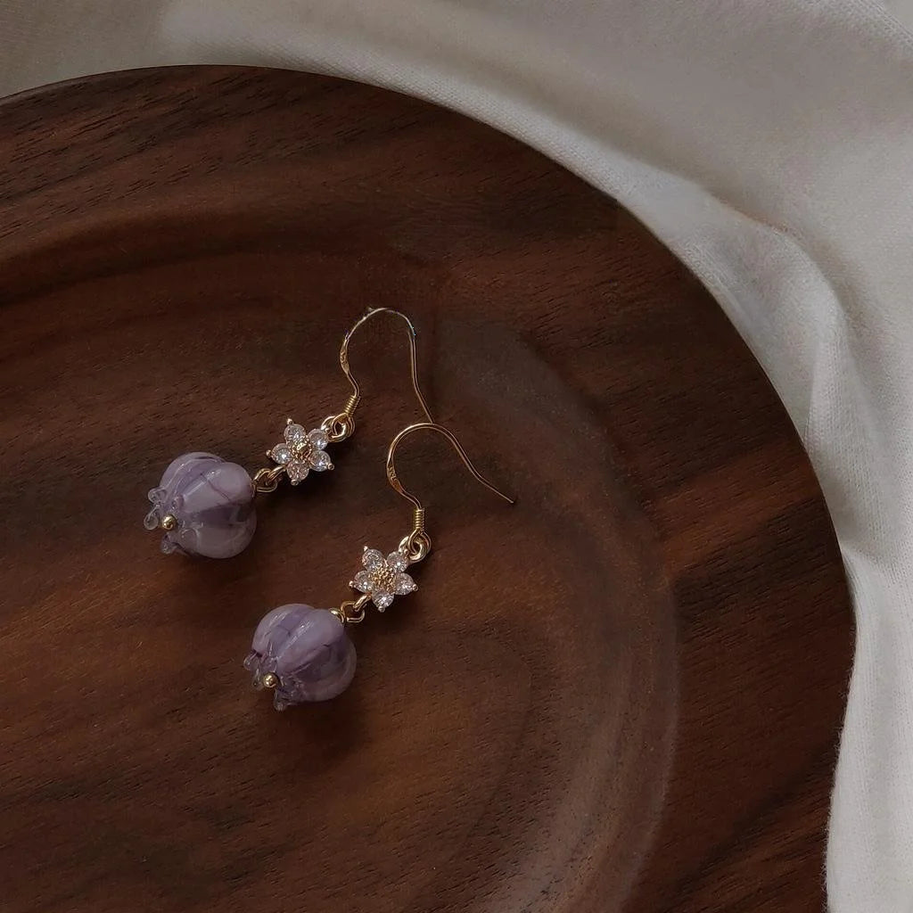 Purple Floral Glass Liuli 14K Plated Wind Chime Drop Earrings For Women