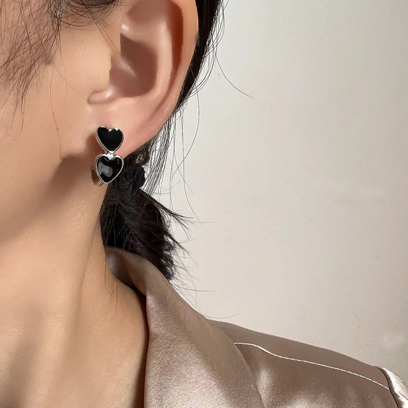 Vintage Black Enamel Heart C Hoop Alloy Stud & Clip On No Piercing Spiral Ear Cuff Earrings