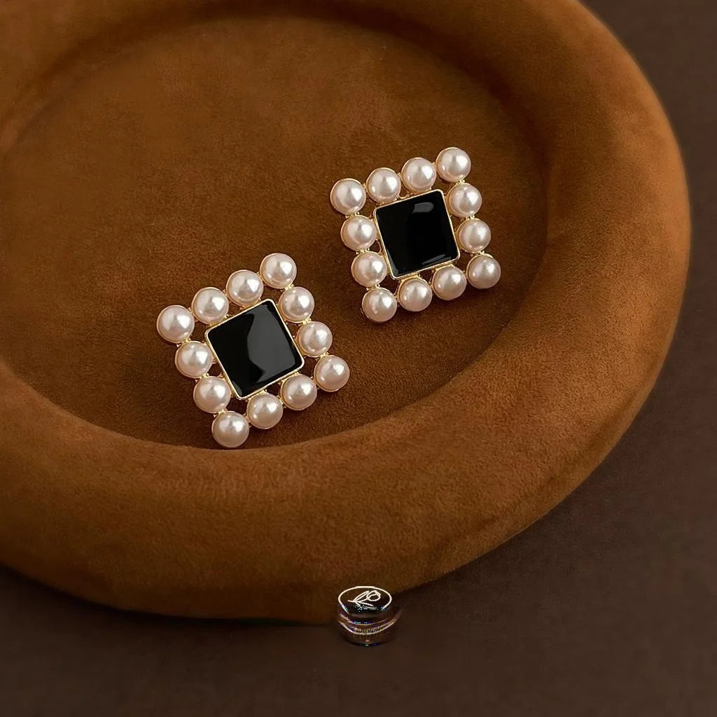 14K Plated Copper Square Geometric Enamel Pearl Stud Earrings