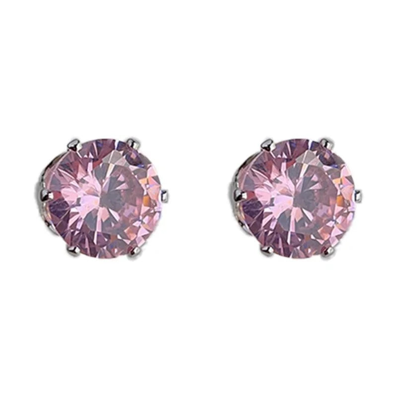Minimalist Pink Zircon Copper Stud Earrings Geometric Round Daily Jewelry