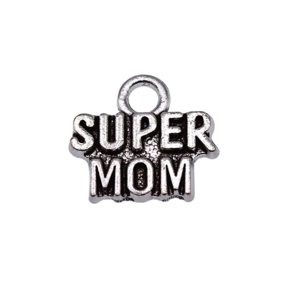 13x12mm 1g Antique Silver Zinc Alloy Super Mom Charm Pendant for DIY Bracelet Necklace Making