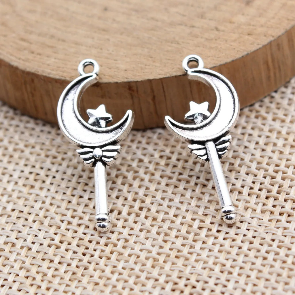 27x12mm 1.05g Antique Silver Zinc Alloy Star Moon Magic Wand Charm Pendant for DIY Fairy Jewelry
