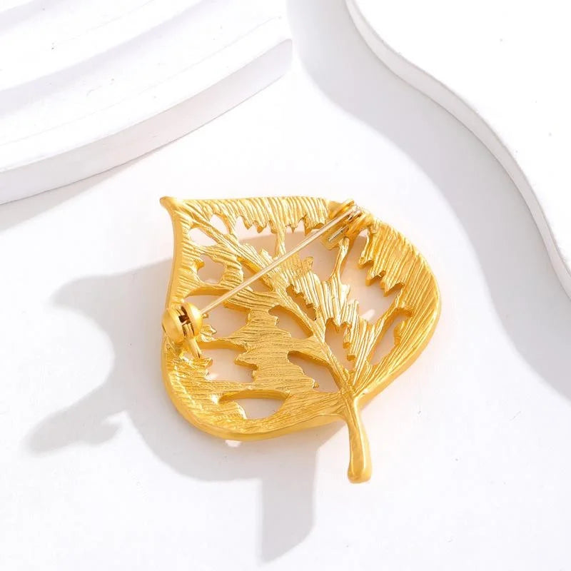 Elegant Gold Tone Alloy Leaf Brooch Hollow Vein Lapel Pin Corsage For Coat Suit Accessory Gift