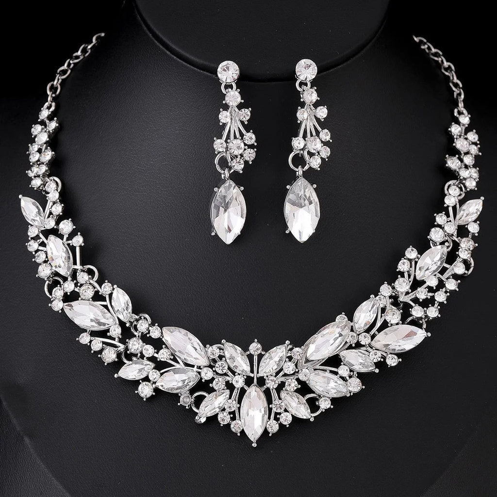 Luxury Crystal Leaf Necklace And Earrings Jewelry Set, Elegant Rhinestone Bridal Jewelry For Wedding Party