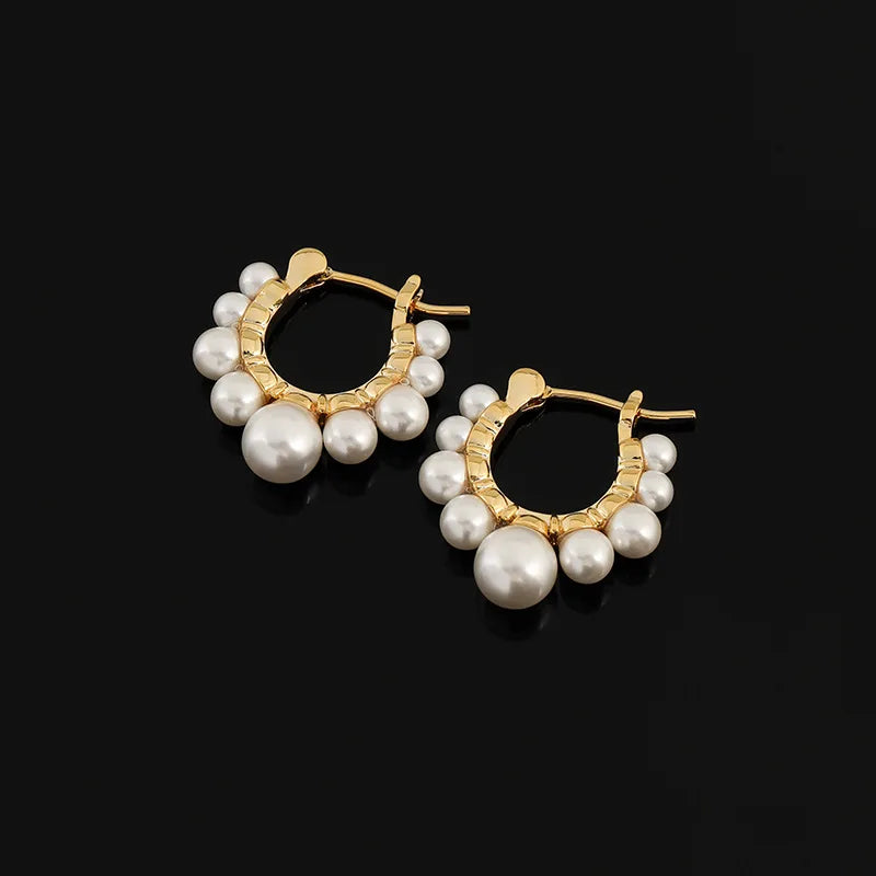 Elegant Gold Alloy Faux Pearl Hoop Stud & Clip On No Piercing Commuter Round Circle Earrings