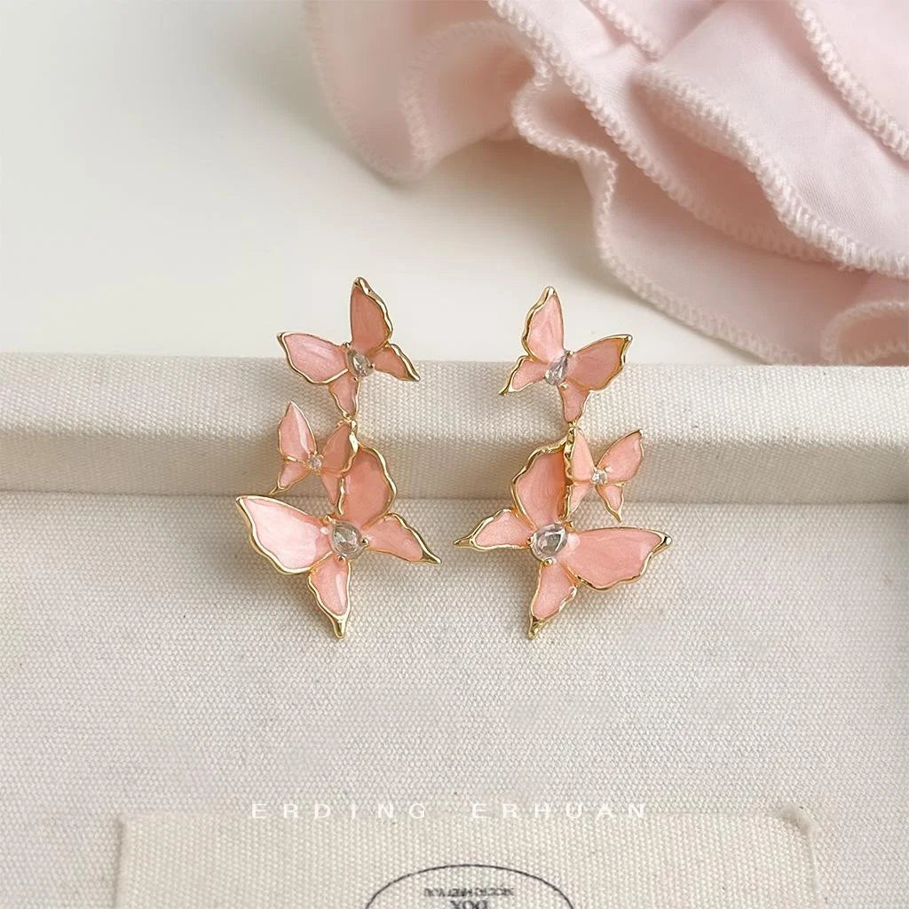 Sweet Pink Copper Butterfly Drop Earrings With Micro Pave Zircon, Elegant Summer Jewelry