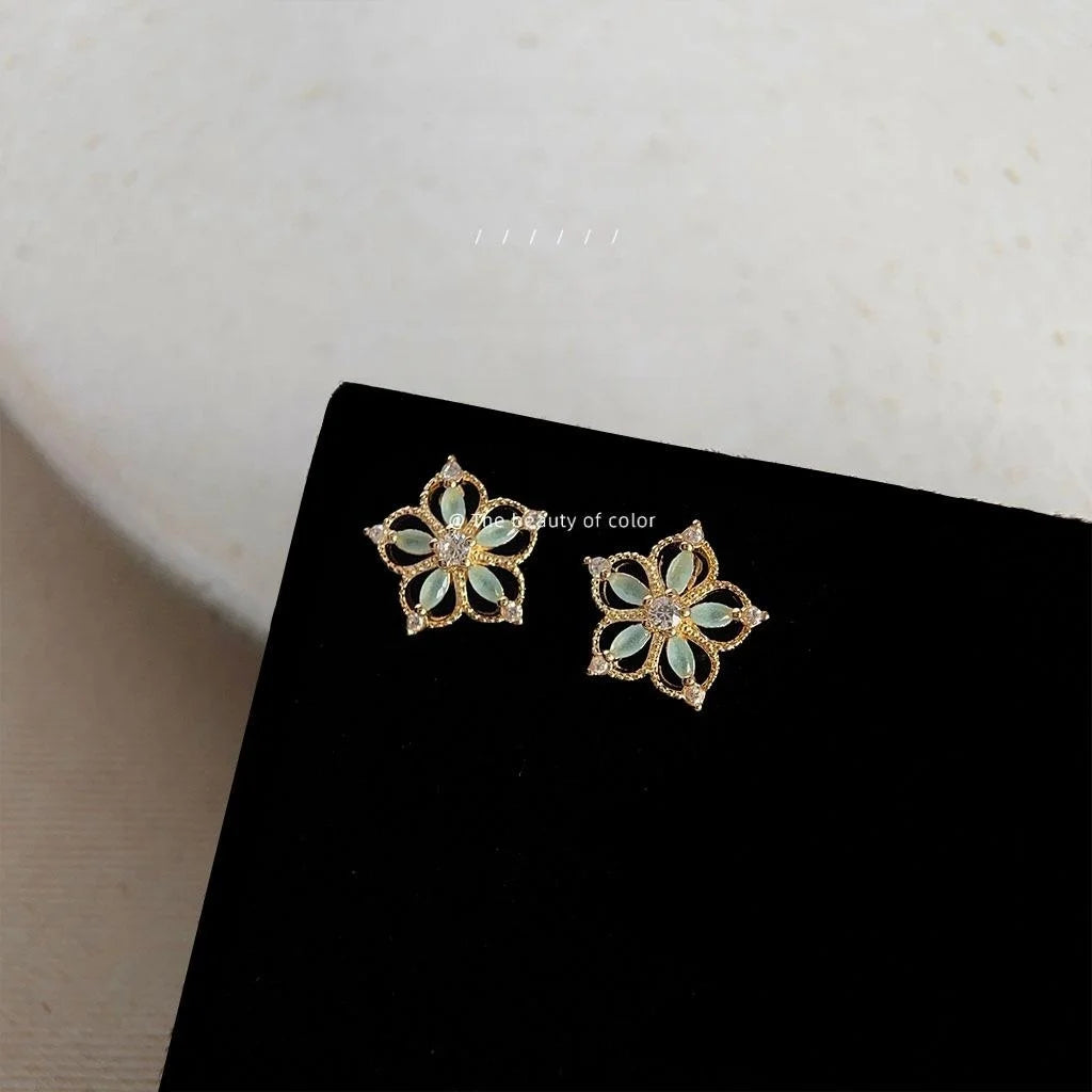 Silver Plated Copper Mini Flower Stud Earrings With Micro Pave Zircon Sweet Forest Style