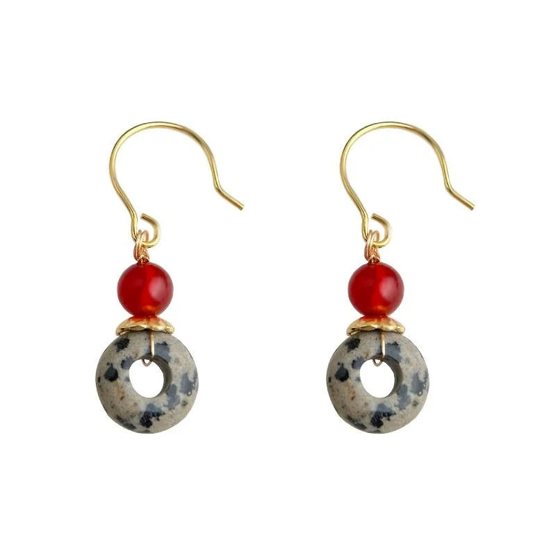 Ethnic Style Natural Red Agate Geometric Round Hoop Drop Earrings Handmade Design