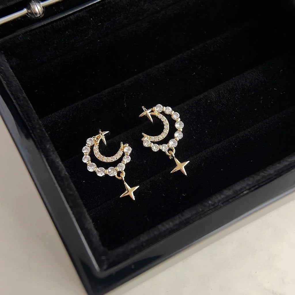 14K Gold Plated Copper Moon Star Zircon Stud Earrings Minimalist Korean Jewelry