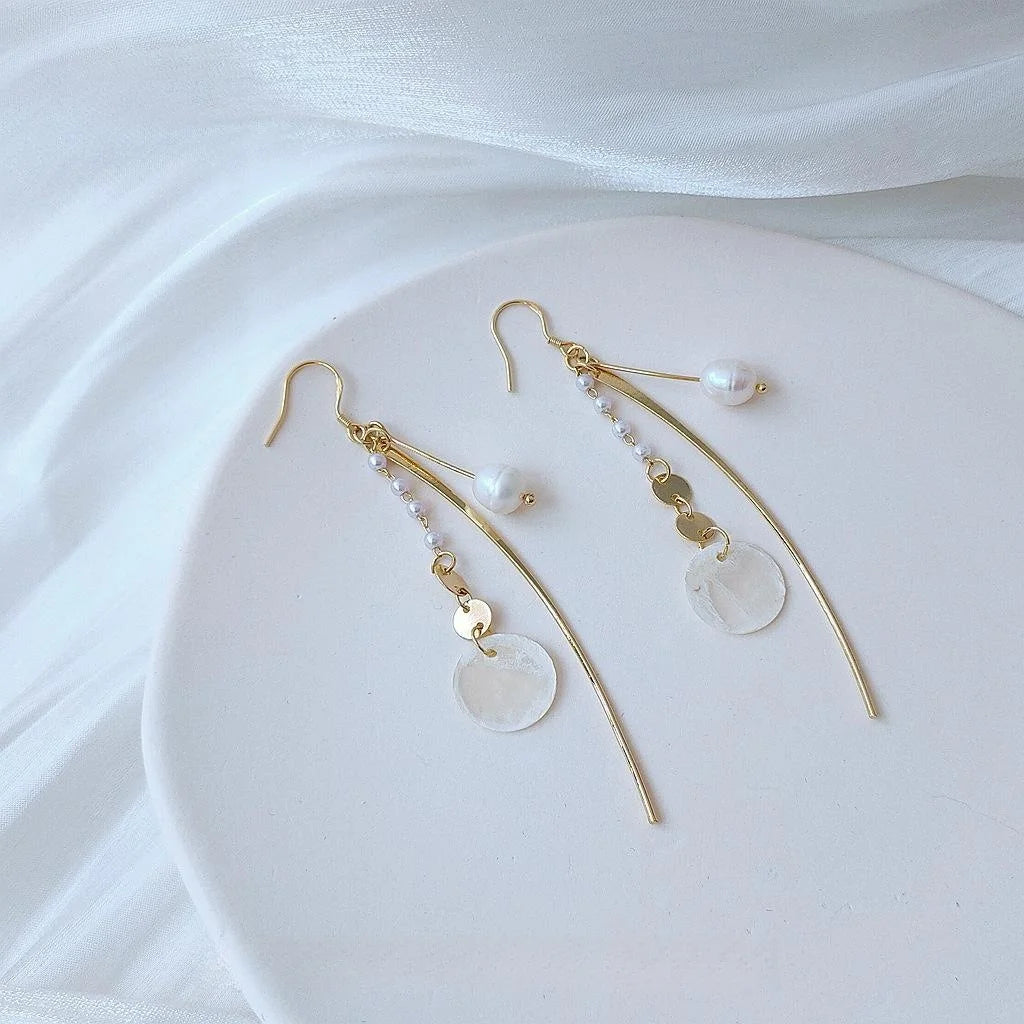 Handmade 14K Gold Plated Copper Natural Freshwater Pearl Shell Geometric Korean Drop Earrings