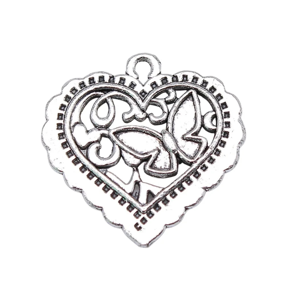 25x24mm 2.1g Zinc Alloy Heart Butterfly Heart Double Sided Charm Pendant for DIY Jewelry Making