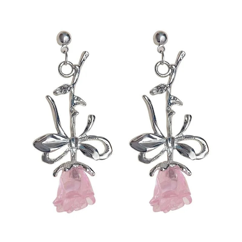 Sweet Cool Liquid Rose Copper Drop Earrings Minimalist Floral Fashion Jewelry