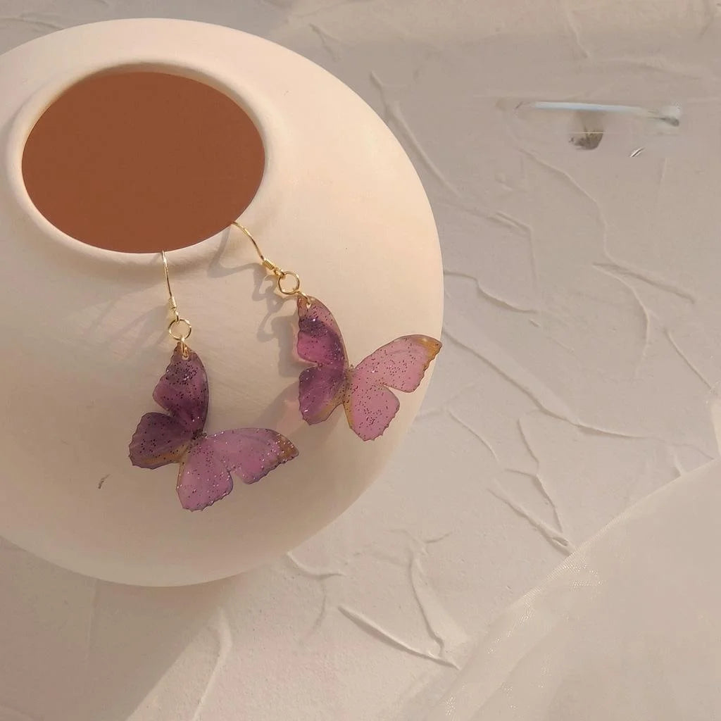 Fresh Sweet Forest Style Resin Butterfly Drop Earrings With Silver Plated Pins