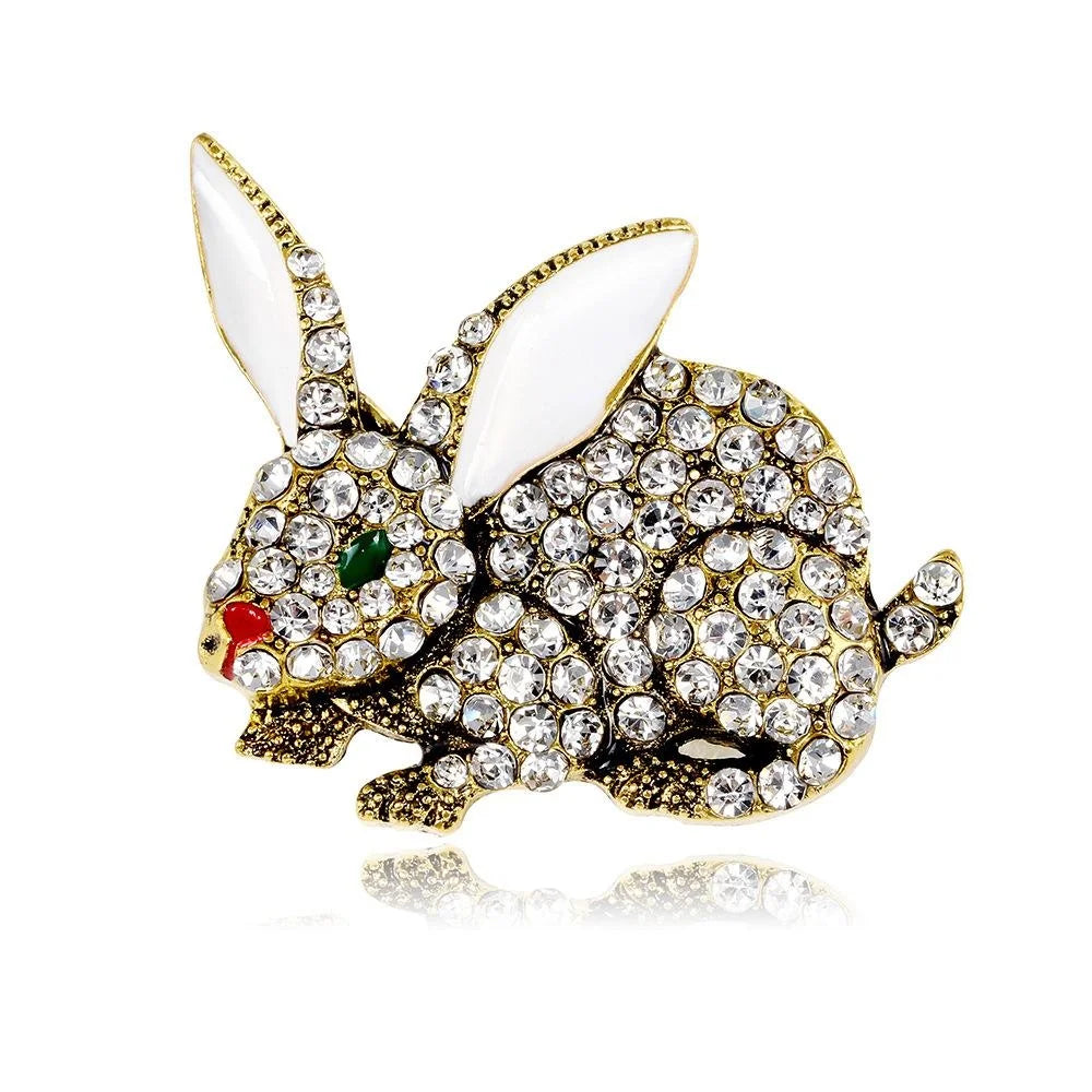 Cute Rhinestone Rabbit Brooch With Enamel Ears, Gold Alloy Animal Lapel Pin Corsage Suit Accessory Gift